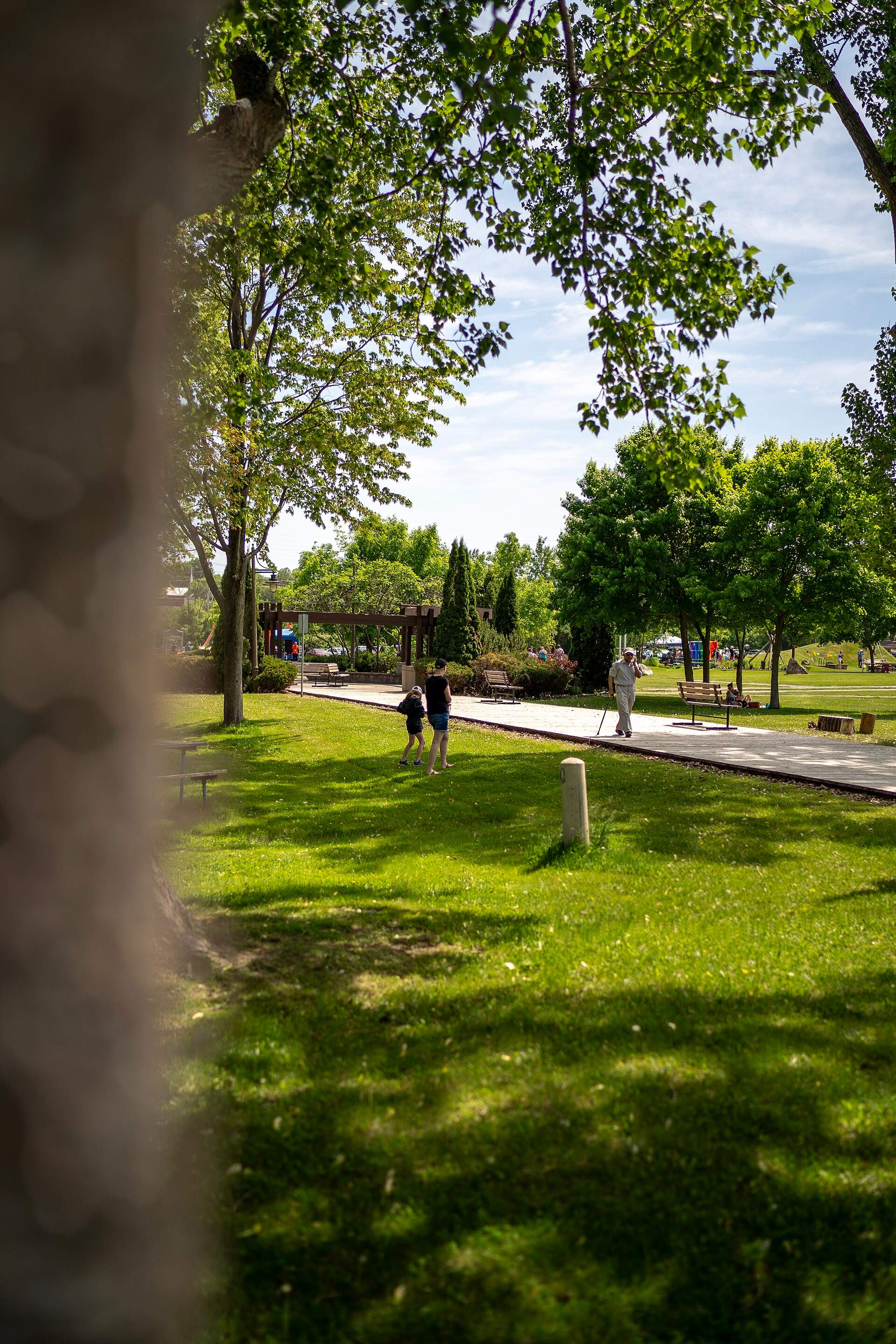 People walking through Pembroke Waterfront Park on a summer day